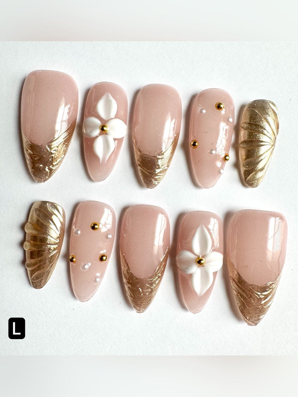 Nude & Gold Floral Press-On Nails - Large